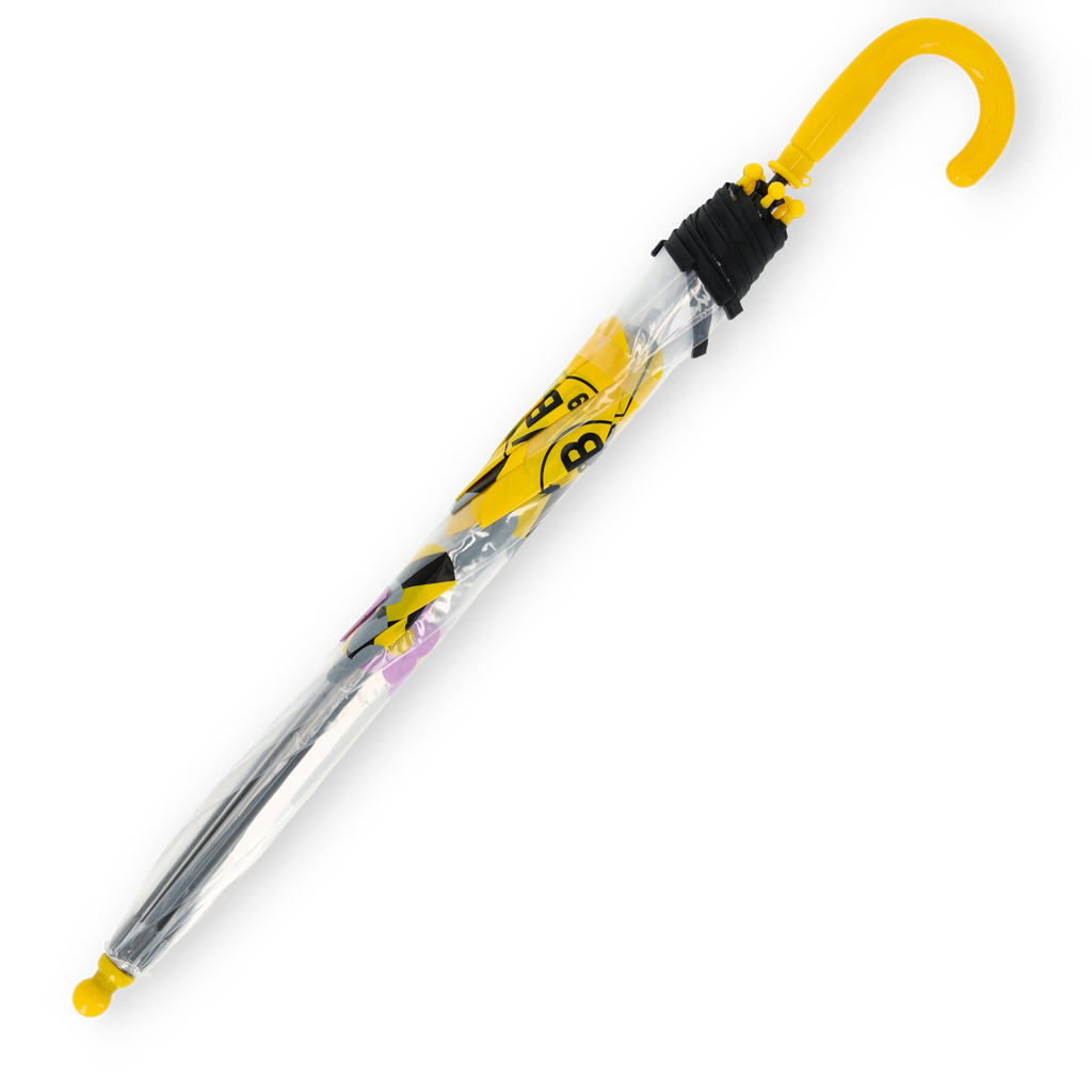 Paraguas infantil del BVB en colores negro y amarillo, con tejido transparente y mango amarillo, ideal para los jóvenes aficionados del Borussia Dortmund.