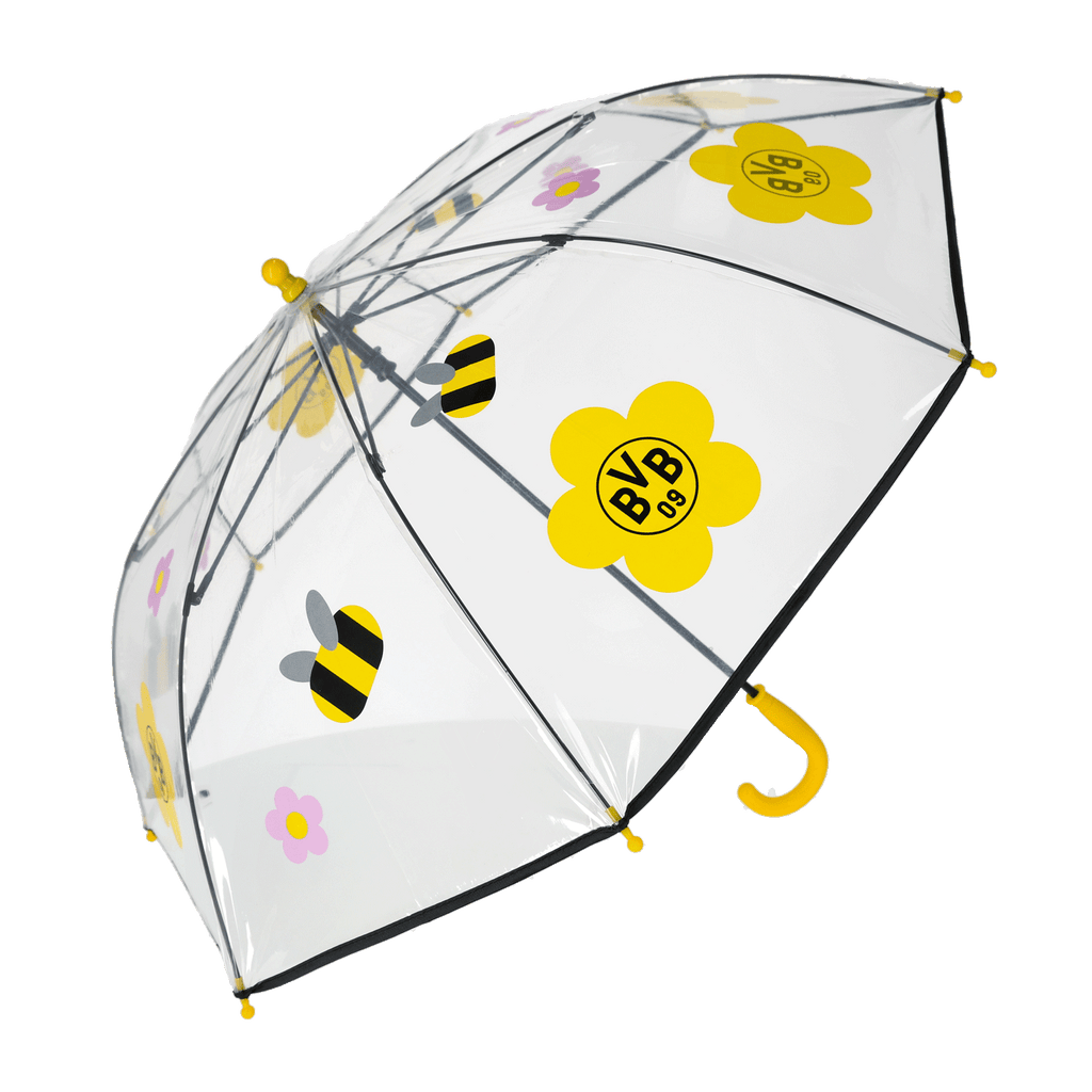 Paraguas infantil transparente del BVB con motivos de flores y abejas en colores negro y amarillo, ideal para los jóvenes aficionados del Borussia Dortmund.