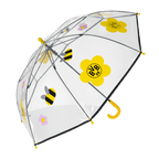 Paraguas infantil transparente del BVB con motivos de flores y abejas en colores negro y amarillo, ideal para los jóvenes aficionados del Borussia Dortmund.