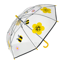 Parapluie transparent pour enfants aux couleurs du BVB, orné de motifs de fleurs et d'abeilles en noir et jaune, idéal pour les jeunes supporters du Borussia Dortmund.