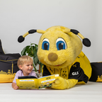 BVB-Maskottchen EMMA liest das BVB-Mitmachbuch mit einem Kind. Perfekter Fanartikel für junge Borussia Dortmund Anhänger, mit schwarzgelben Details.