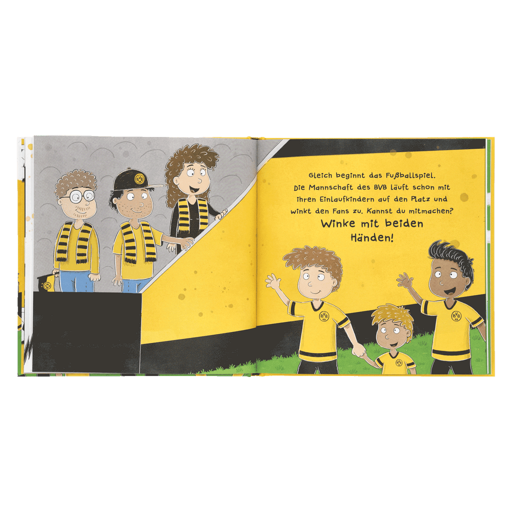 BVB Mitmachbuch mit bunten Illustrationen, zeigt Kinder und Fans in schwarzgelb, Fußballspiel und Stadionatmosphäre.