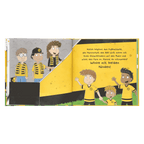 BVB Mitmachbuch mit bunten Illustrationen, zeigt Kinder und Fans in schwarzgelb, Fußballspiel und Stadionatmosphäre.