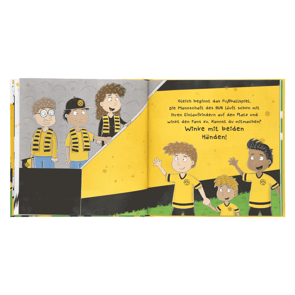 BVB Mitmachbuch mit bunten Illustrationen, zeigt Kinder und Fans in schwarzgelb, Fußballspiel und Stadionatmosphäre.