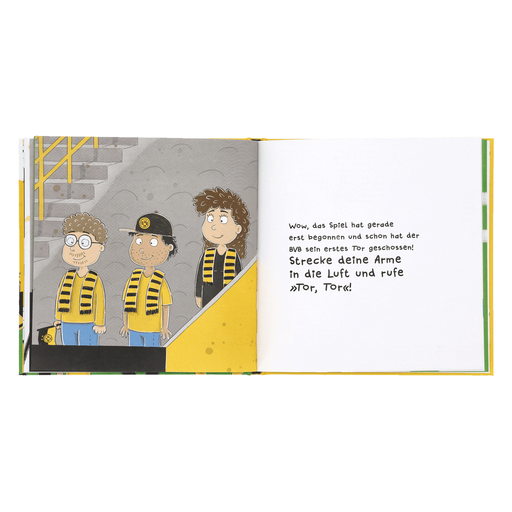 Das BVB Mitmachbuch zeigt eine Stadionillustration mit Kindern in BVB-Fanfkleidung und animierenden Texten zum Mitmachen und Jubeln.