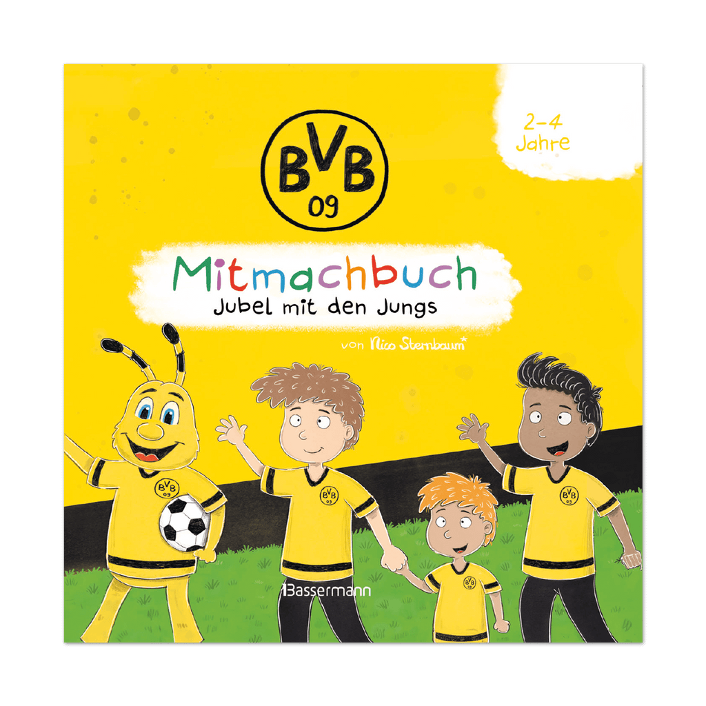 Mitmachbuch des BVB für Kinder von 2-4 Jahren mit dem Titel 'Jubel mit den Jungs', illustriert mit EMMA und spielenden Kindern in schwarzgelbem Trikot auf dem Cover.