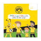 Mitmachbuch des BVB für Kinder von 2-4 Jahren mit dem Titel 'Jubel mit den Jungs', illustriert mit EMMA und spielenden Kindern in schwarzgelbem Trikot auf dem Cover.
