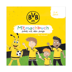 多特蒙德足球俱乐部（BVB）为2至4岁儿童推出的互动书，书名为《和小伙子们一起欢呼》，封面配有EMMA以及身穿黑黄球衣玩耍的孩子们。