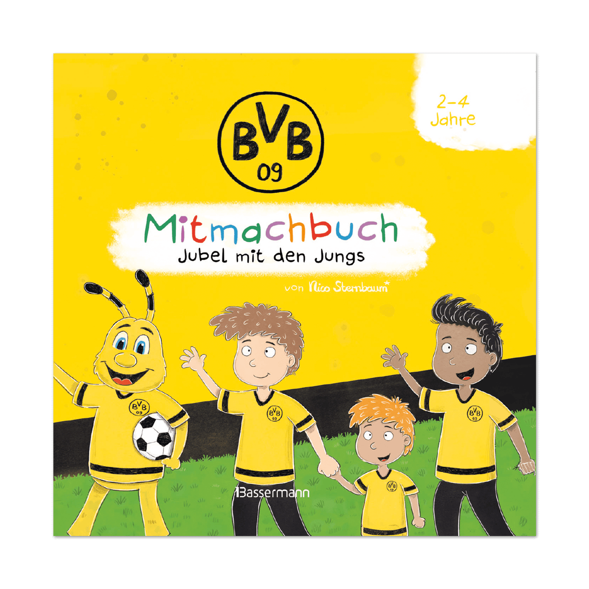 Mitmachbuch des BVB für Kinder von 2-4 Jahren mit dem Titel 'Jubel mit den Jungs', illustriert mit EMMA und spielenden Kindern in schwarzgelbem Trikot auf dem Cover.