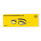Occhialini da nuoto per bambini nei colori nero e giallo con il logo del BVB, presentati nella confezione originale.