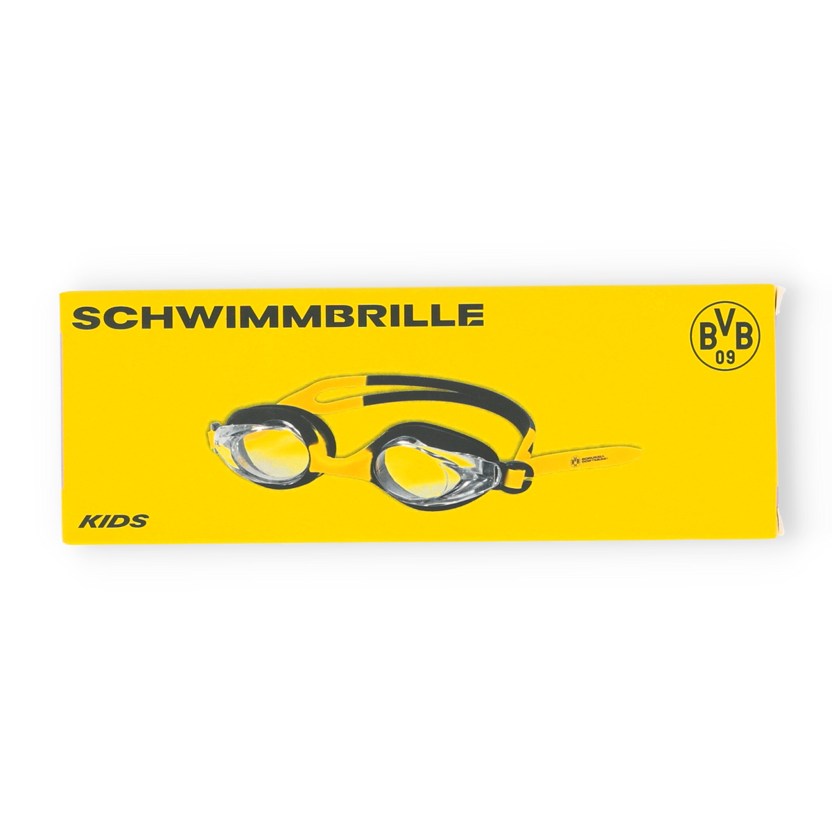 Occhialini da nuoto per bambini nei colori nero e giallo con il logo del BVB, presentati nella confezione originale.