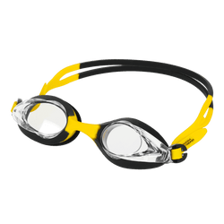 Swim goggles for kids in black and yellow BVB colors with clear lenses and adjustable silicone straps, ideal for young Borussia Dortmund fans.