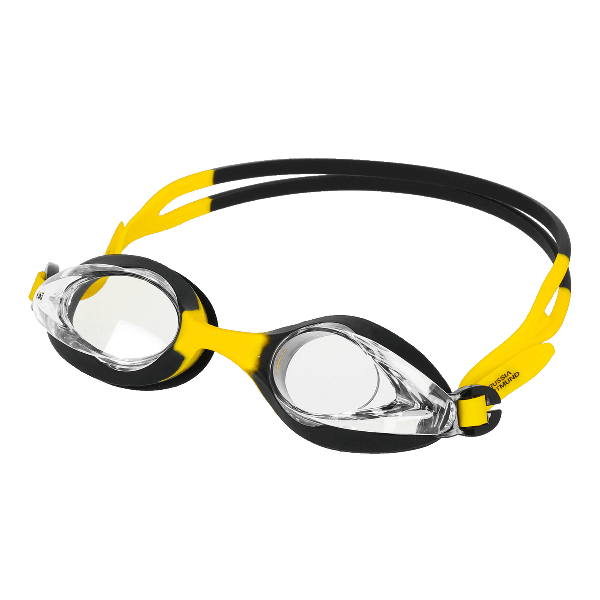 Lunettes de natation pour enfants aux couleurs noir et jaune du BVB, avec des verres transparents et des sangles réglables en silicone, idéales pour les jeunes supporters du Borussia Dortmund.