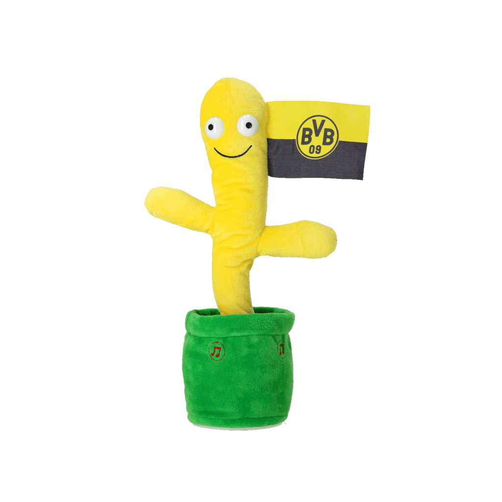 Un accesorio de peluche con forma de bandera de córner del BVB que parece estar bailando. La bandera es de color negro y amarillo con el logotipo del BVB, y el producto está fijado a una base verde.