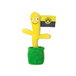 Un accesorio de peluche con forma de bandera de córner del BVB que parece estar bailando. La bandera es de color negro y amarillo con el logotipo del BVB, y el producto está fijado a una base verde.