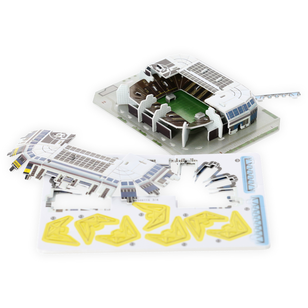 BVB Mini-Puzzle in schwarzgelbem Design als detailgetreue Nachbildung des SIGNAL IDUNA PARKs mit Einzelteilen zum Basteln, ideale Geschenkidee für Dortmund-Fans.