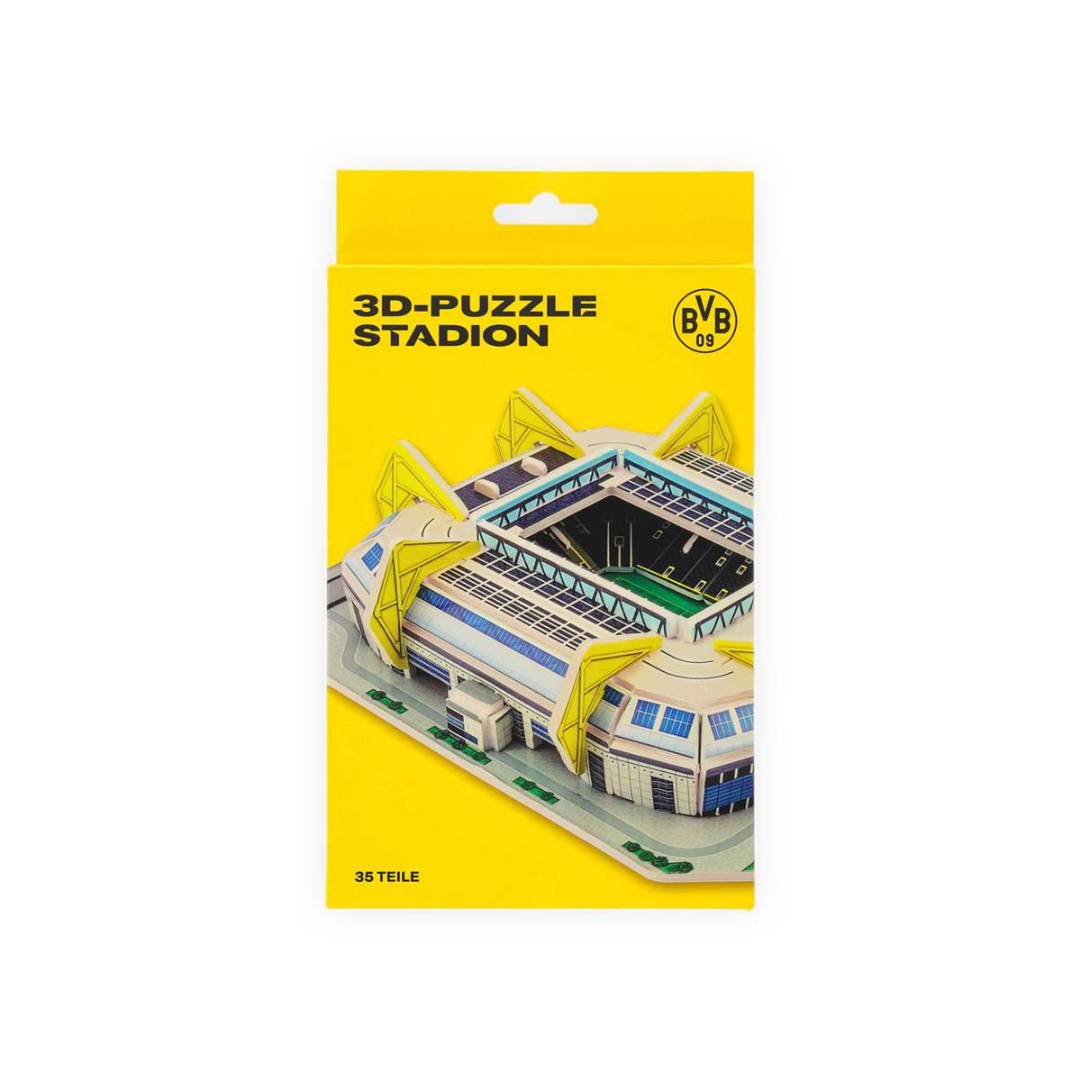 Das BVB 3D-Puzzle zeigt das SIGNAL IDUNA PARK Stadion in einer Detailansicht mit 35 Teilen. Verpackt in einer gelben Schachtel, perfekt für Fans von Borussia Dortmund.