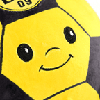 Pallina antistress Squeezy del BVB in peluche nero e giallo, con faccina ricamata e stemma del BVB, ideale come gadget per i tifosi o come pallina antistress.