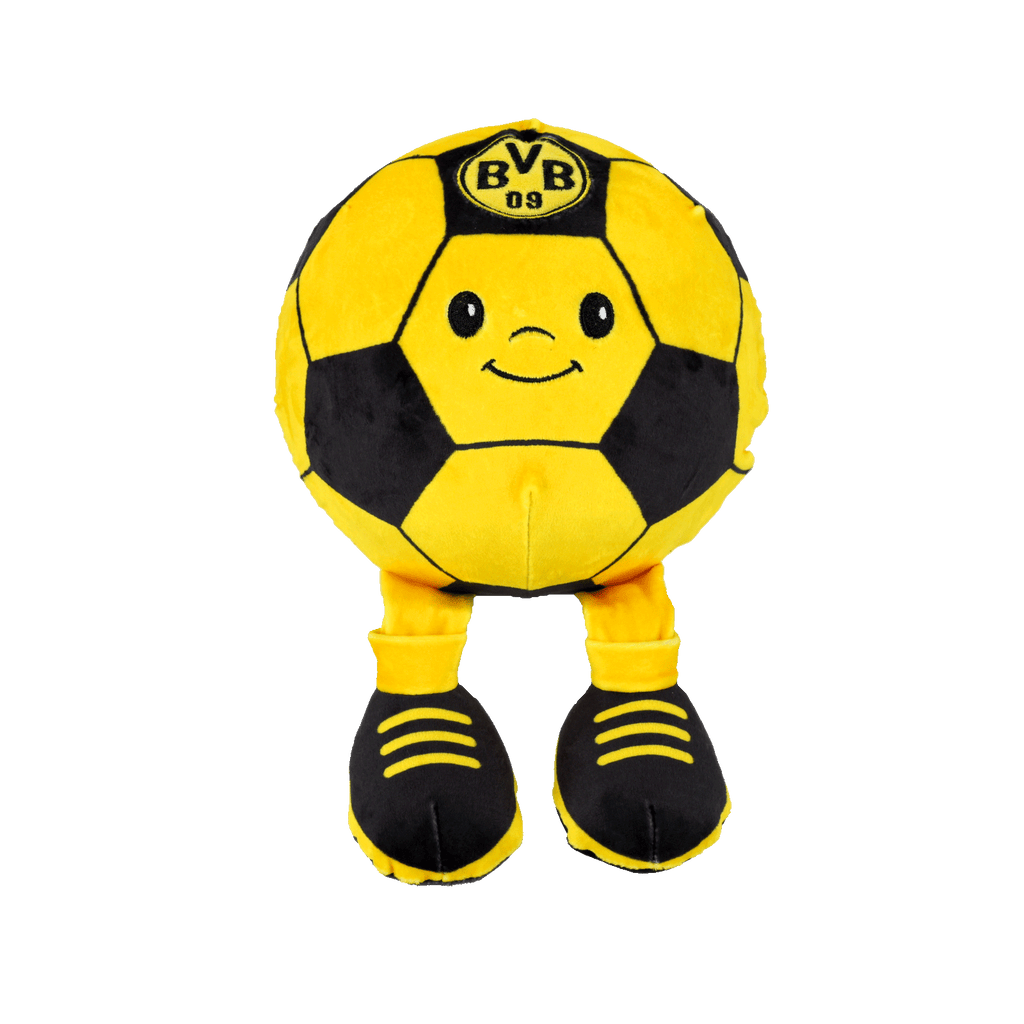 Pallina Squeezy del BVB nei colori nero e giallo, con faccina e gambine: un accessorio divertente per i tifosi del Borussia Dortmund.
