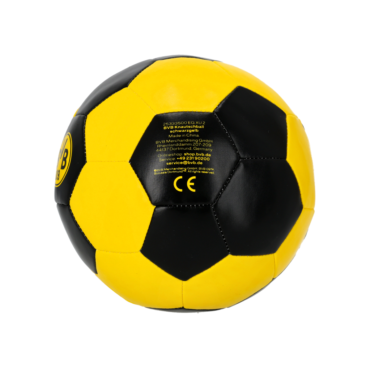 Pelota blanda del BVB en negro y amarillo con el logotipo del BVB, ideal para los aficionados del Borussia Dortmund.