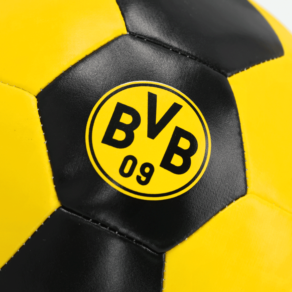 Schwarzgelber BVB-Knautschball mit aufgedrucktem Borussia Dortmund-Logo, ideal für Fans und Sportaktivitäten.