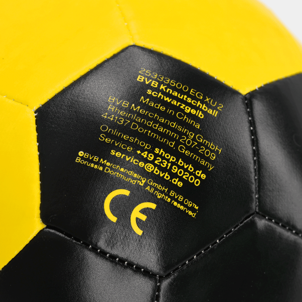 Schwarzgelber BVB Knautschball, ein offizieller Borussia Dortmund Fanartikel mit CE-Zertifikat.