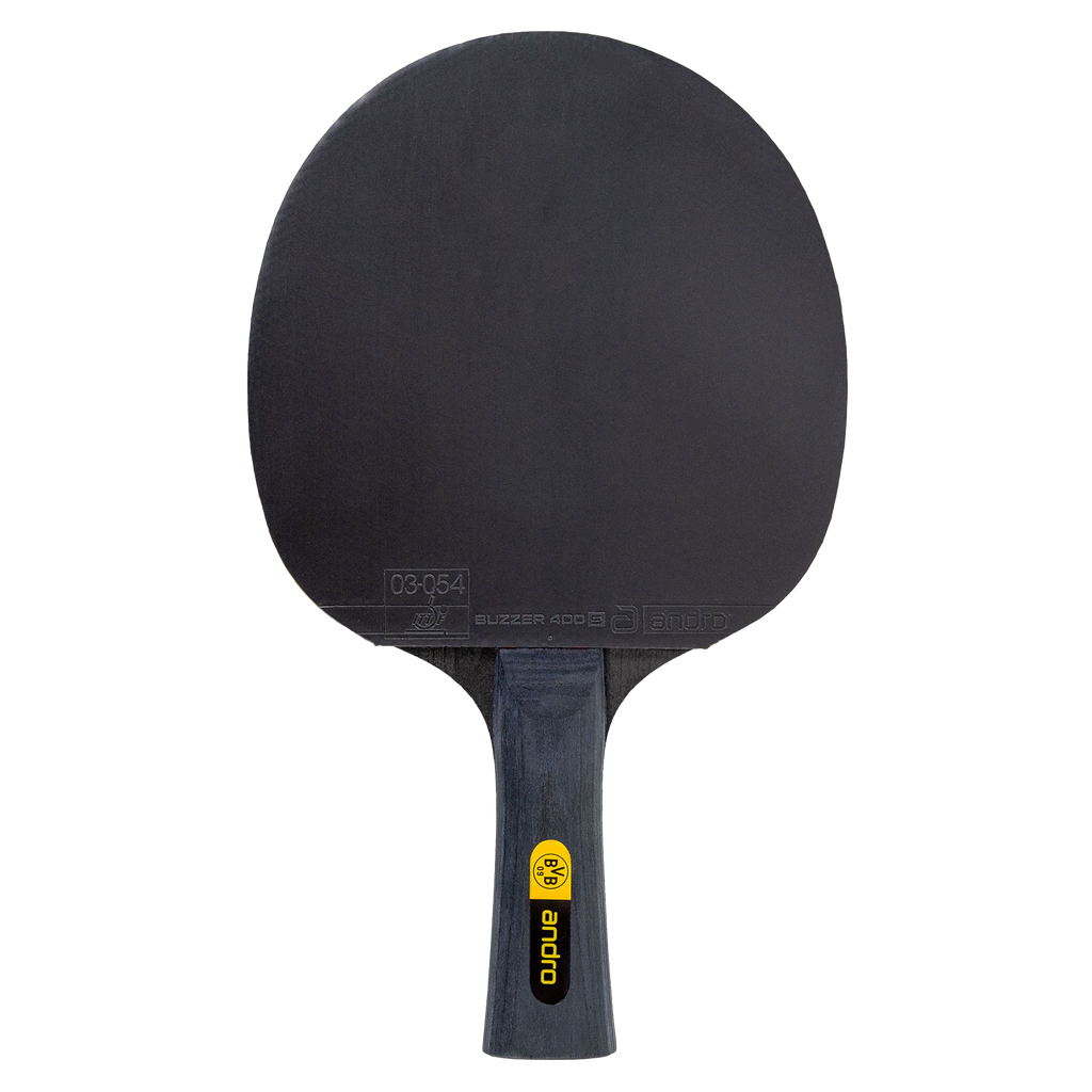 Tischtennisschläger von Borussia Dortmund in schwarz mit gelbem BVB-Logo und Andro-Branding auf dem Griff, ideal für Fans und Tischtennisspieler.