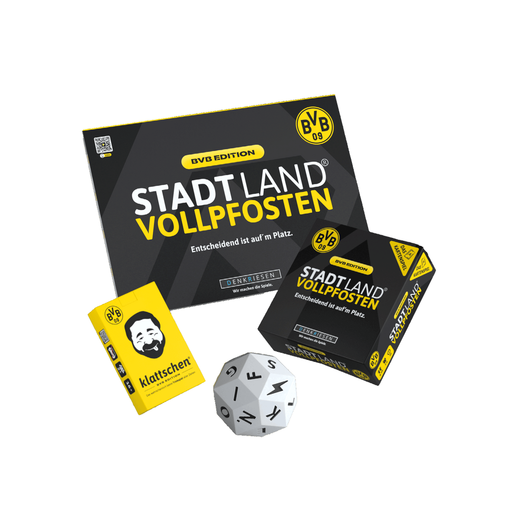 BVB "Stadt Land Vollpfosten" party game in black-and-yellow design, featuring cards, a die, and high-quality packaging—perfect for Borussia Dortmund fans.