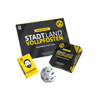 BVB "Stadt Land Vollpfosten" party game in black-and-yellow design, featuring cards, a die, and high-quality packaging—perfect for Borussia Dortmund fans.