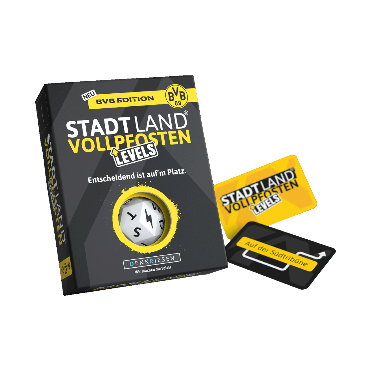 BVB Stadt Land Vollpfosten Levels, a party game featuring black-and-yellow designs, cards, and dice for Borussia Dortmund fans.