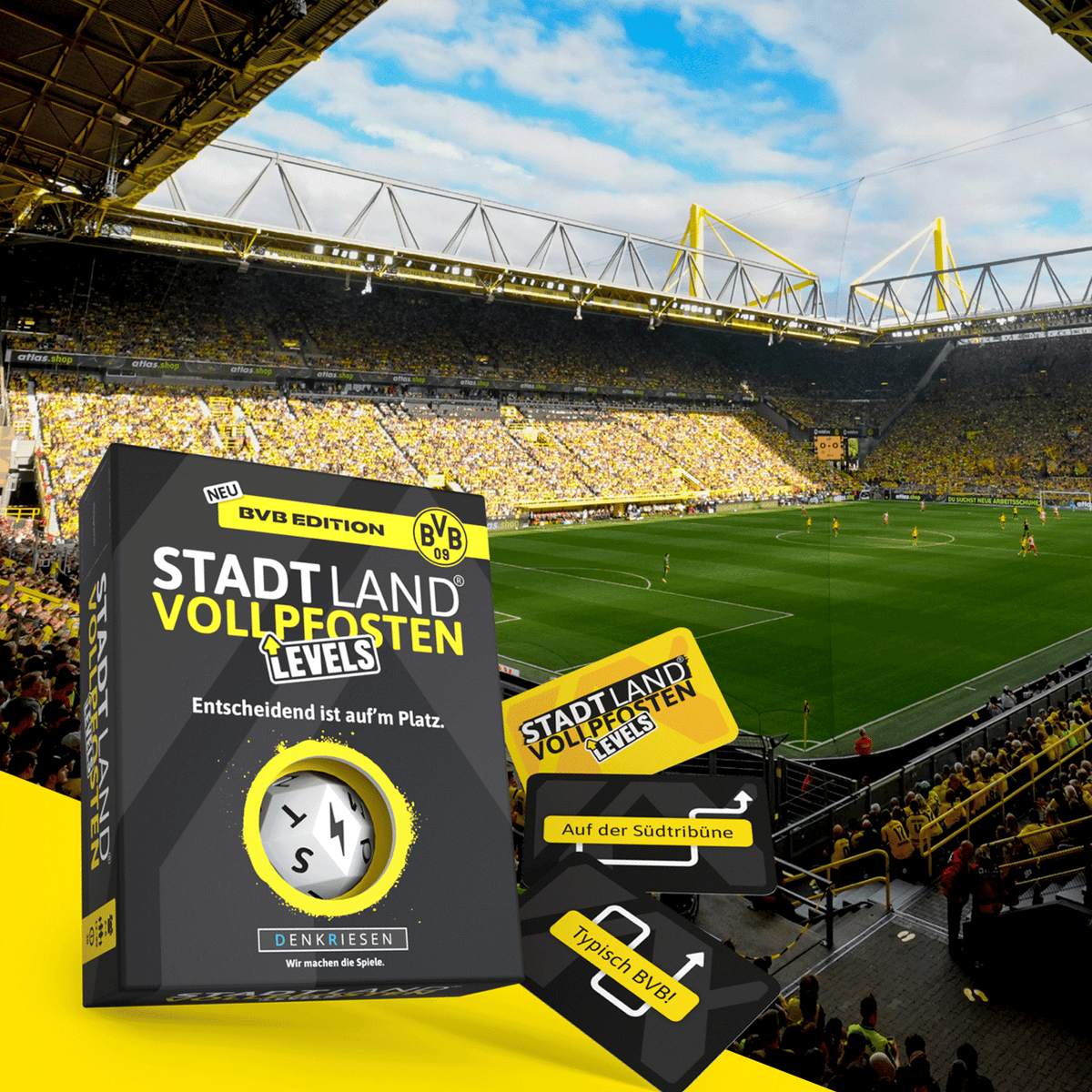 Il gioco da tavolo “Stadt Land Vollpfosten Levels” nell’edizione BVB, con il caratteristico design nero e giallo. Raffigurato davanti al SIGNAL IDUNA PARK con i tifosi allo stadio.