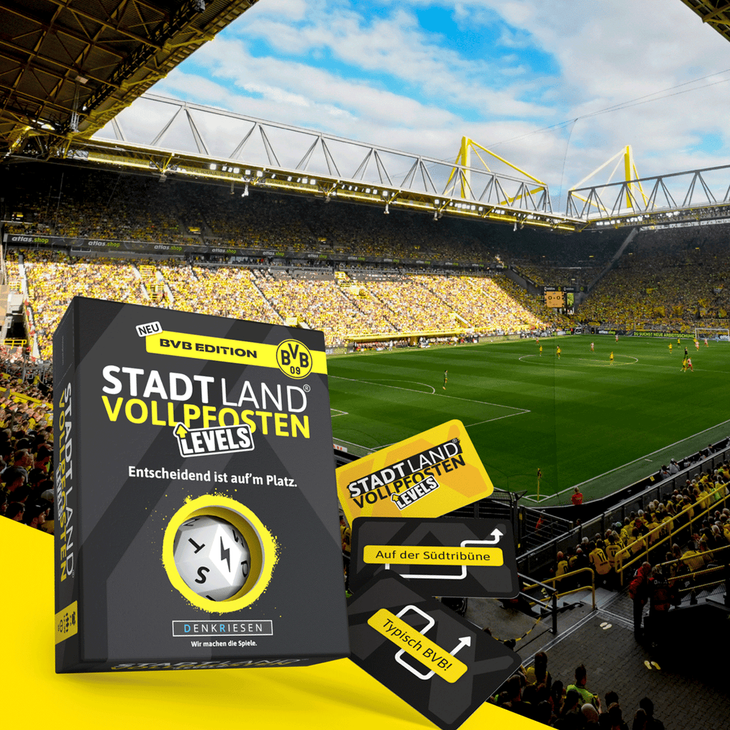 The "Stadt Land Vollpfosten" board game in the BVB Edition, featuring the classic black-and-yellow design. Pictured in front of SIGNAL IDUNA PARK with fans in the stadium.