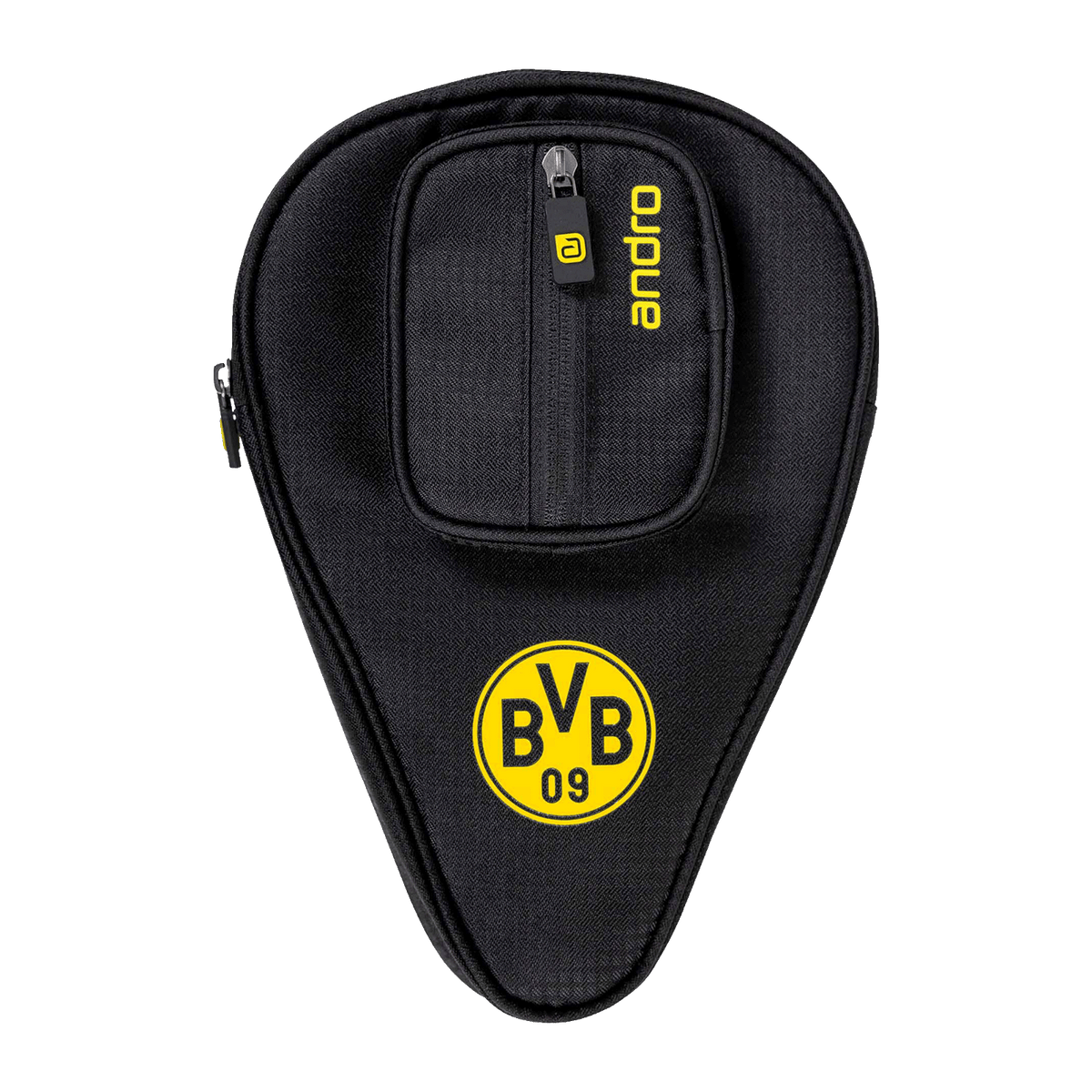 Andro品牌黑色多特蒙德（BVB）乒乓球拍套，配有醒目的黄色BVB标志和小型拉链口袋。是多特蒙德球迷的理想之选。