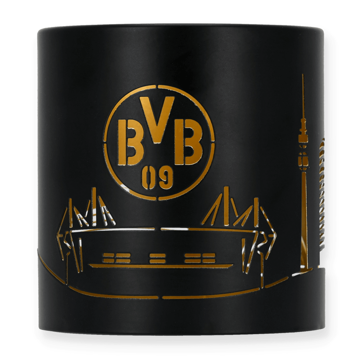 黑色多特蒙德（BVB）风灯，饰有西格纳尔伊杜纳公园（SIGNAL IDUNA PARK）的金色天际线图案及多特蒙德队徽。是多特蒙德球迷的完美之选。