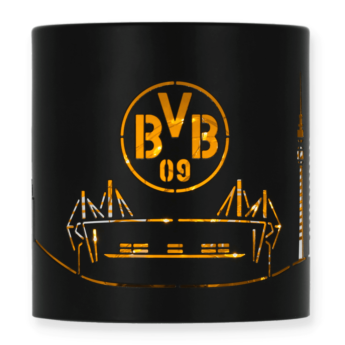 スタジアムのスカイラインとBVBのロゴがパンチング加工された、エレガントなブラックのBVBランタン。雰囲気のある照明として、またファングッズとしても最適です。