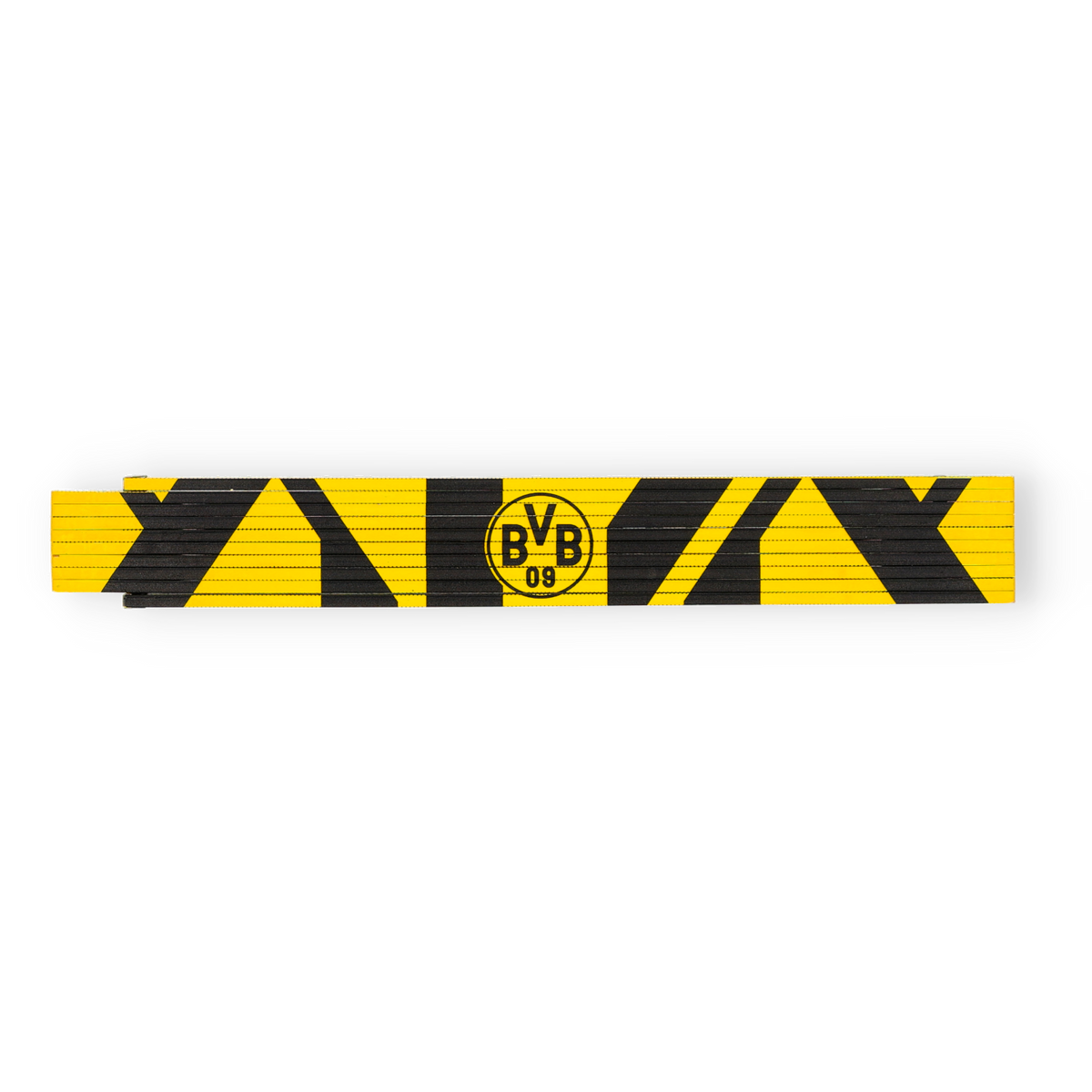 Schwarzgelber BVB-Zollstock mit markantem Vereinslogo in der Mitte, ideal für Fans zur Verwendung oder als Sammlerstück.
