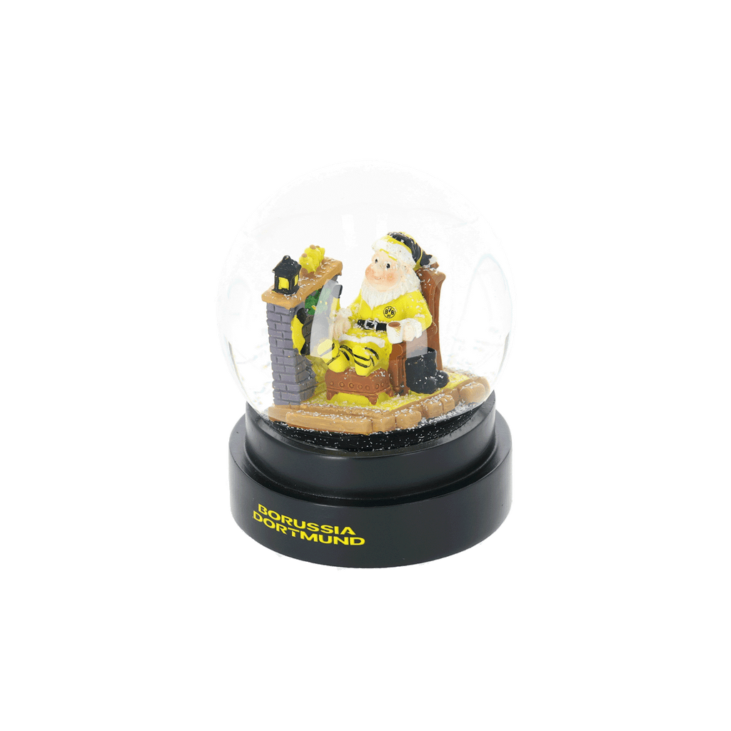 Black-and-yellow BVB snow globe with a Christmas design; Borussia Dortmund snow globe with lettering on the base—perfect as a decoration or fan merchandise.