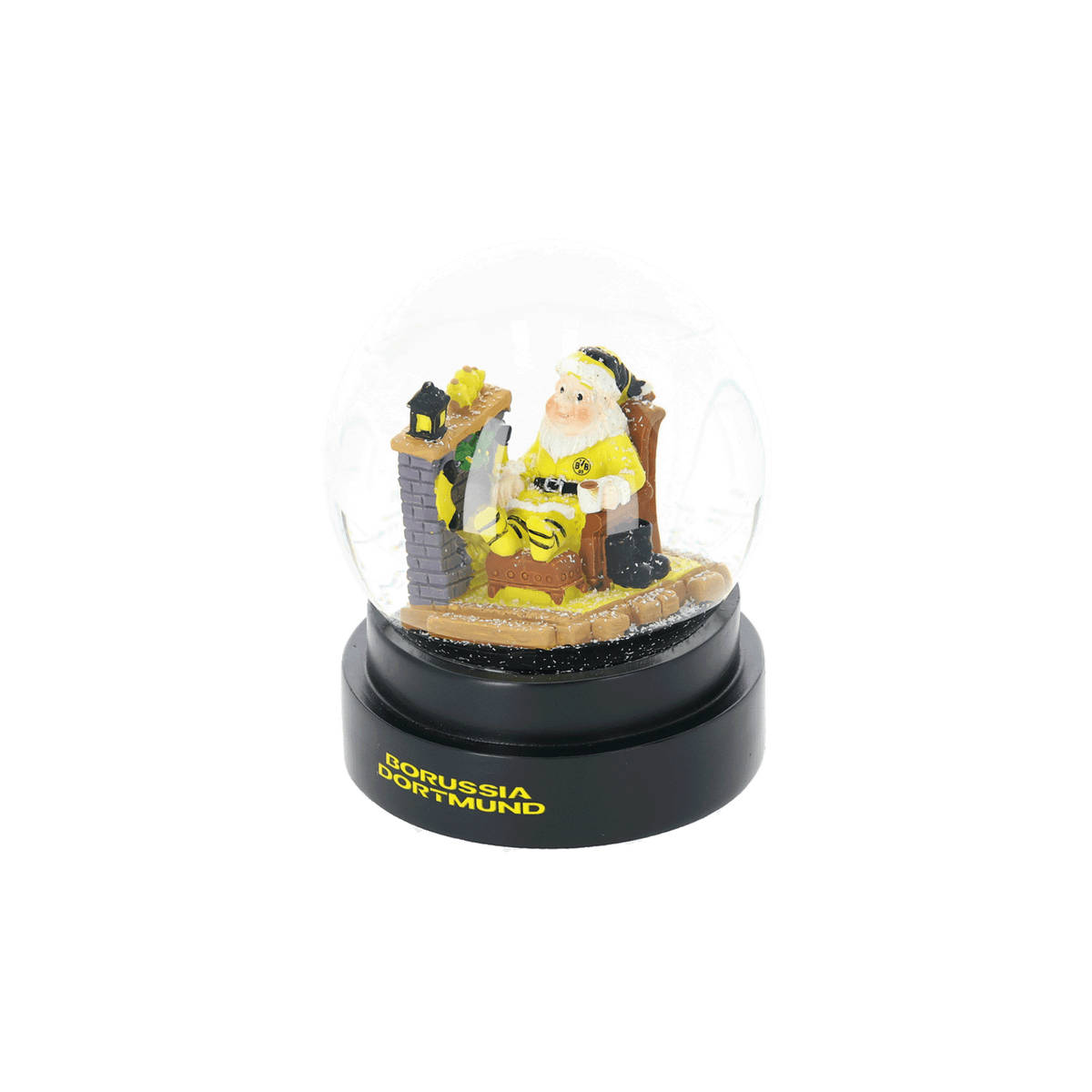 Schwarzgelbe BVB Traumkugel mit Weihnachtsmotiv, Borussia Dortmund Schneekugel mit Schriftzug auf der Basis, perfekt als Deko oder Fanartikel.