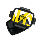 Black-and-yellow BVB lunchbox with the club logo and a clip closure, ideal for Borussia Dortmund fans.