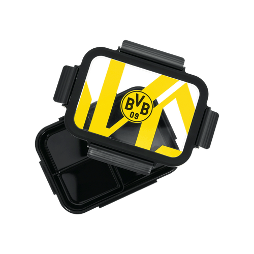 Schwarzgelbe BVB-Brotdose mit Vereinslogo und Clip-Verschluss, ideal für Fans von Borussia Dortmund.