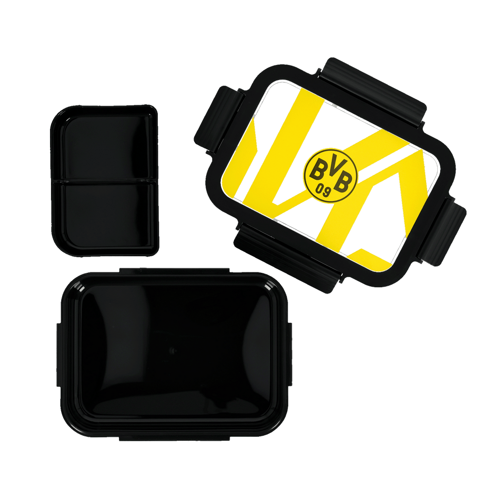 Lunchbox in a black-and-yellow design featuring the BVB 09 logo, perfect for Borussia Dortmund fans.