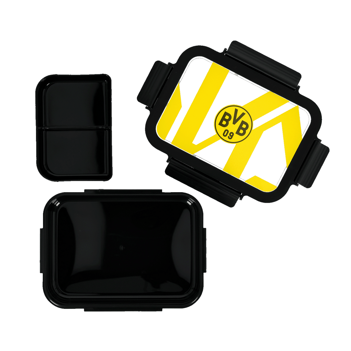 Lunchbox in a black-and-yellow design featuring the BVB 09 logo, perfect for Borussia Dortmund fans.