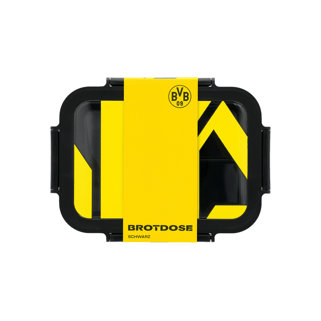 Black lunchbox with a yellow pattern and the BVB 09 logo, perfect for Borussia Dortmund fans.