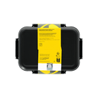 Black lunchbox with a yellow label, BVB logo, and details—perfect for Borussia Dortmund fans.