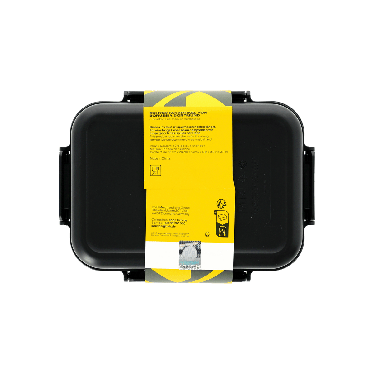 Black lunchbox with a yellow label, BVB logo, and details—perfect for Borussia Dortmund fans.