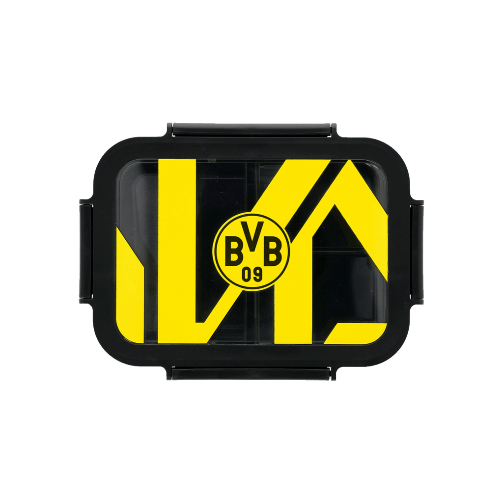 Black-and-yellow lunchbox featuring the BVB logo and a striking design as seen from the front, ideal for Borussia Dortmund fans.