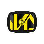 Schwarzgelbe Brotdose mit BVB-Logo und markantem Design aus der Vorderansicht, ideal für Fans von Borussia Dortmund.