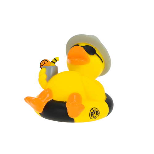 Papera da bagno del BVB in vacanza, realizzata nei colori sociali nero e giallo, con occhiali da sole, cappello da sole e un salvagente con il logo del BVB.