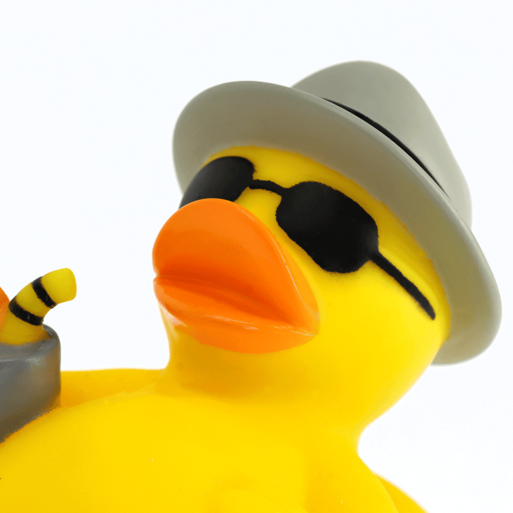 Pato de baño del BVB en colores negro y amarillo, con gafas de sol y sombrero gris, ideal como artículo para aficionados del Borussia Dortmund.