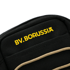 Schwarze BVB-Schultertasche mit gelbem BV.Borussia-Logo und beige-farbenem Seil-Design, ideal für Fans von Borussia Dortmund.
